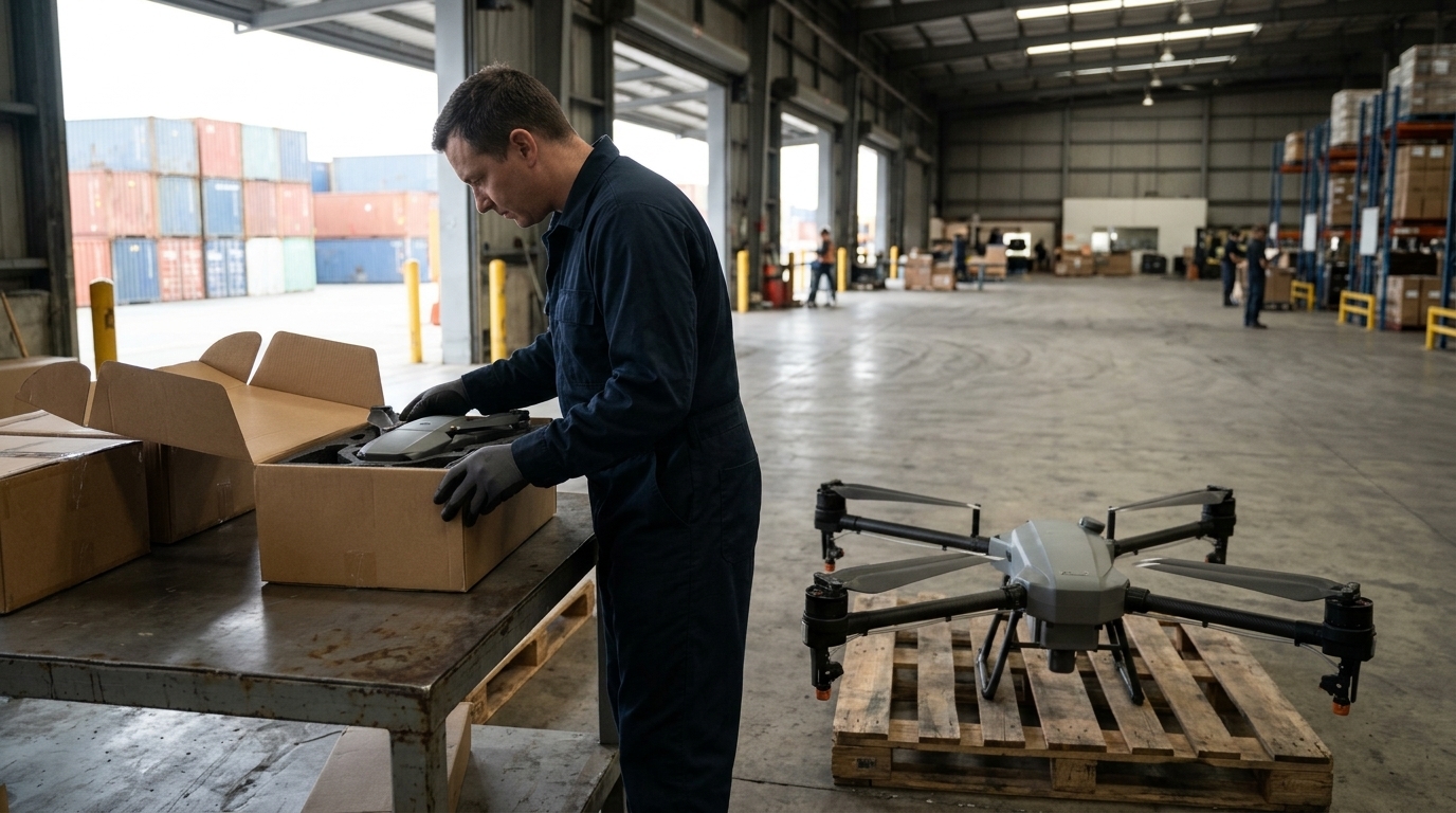 Exportation de drones chinois : un agent inspecte un carton contenant un drone grand public dans un entrepôt portuaire, à côté d’un drone agricole posé sur une palette (illustration)