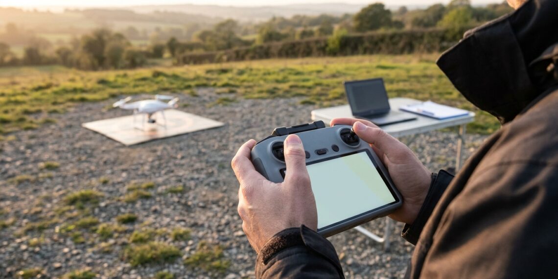 Formation pilote de drone : élève télépilote et instructeur sur un terrain d'entraînement