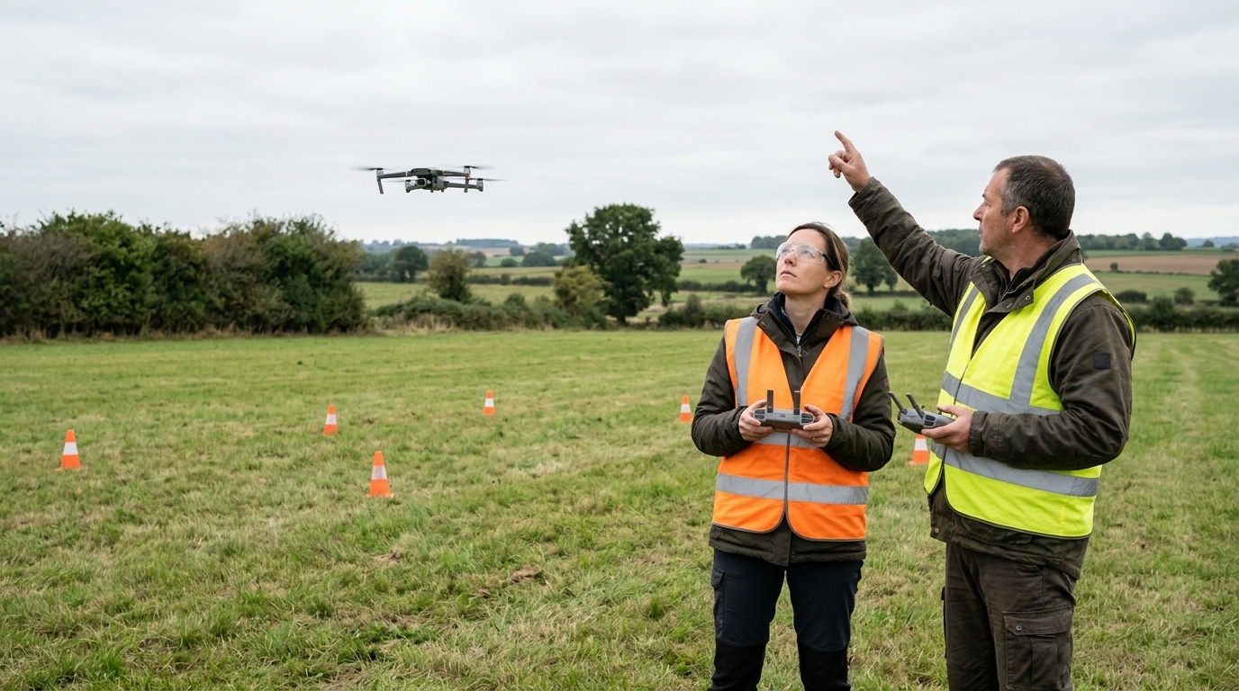 Séance de formation pilote de drone en plein air : une élève télépilote et son instructeur, chacun avec sa radiocommande, sur un terrain balisé