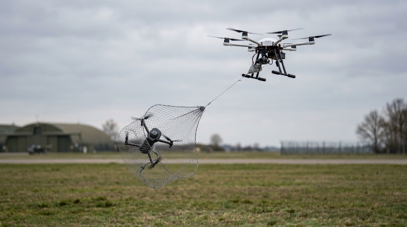 Drone intercepteur hexacoptère emportant au bout d’une longe un petit drone pris dans un filet au-dessus d’une base aérienne