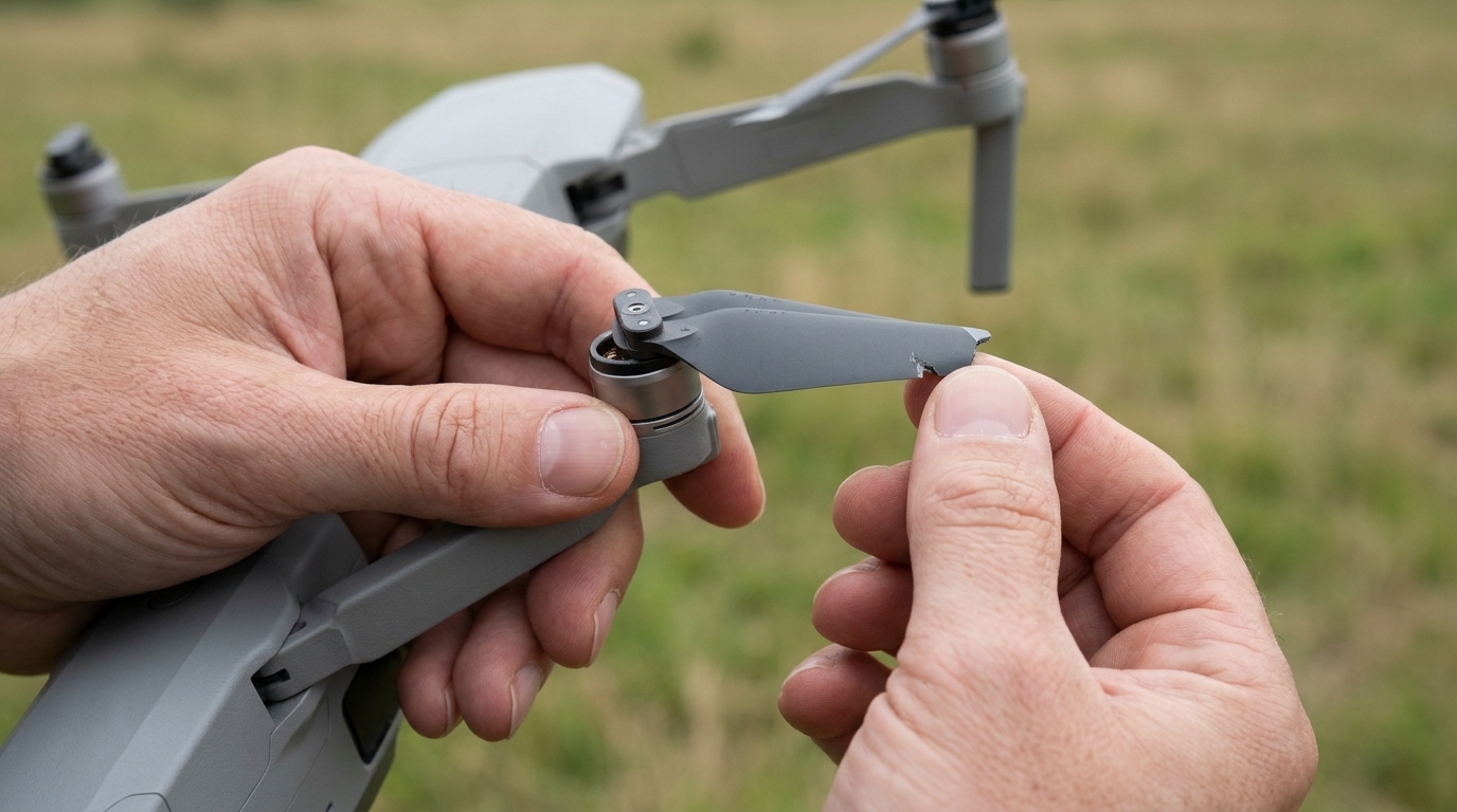 Hélice de drone ébréchée en bout de pale, inspectée à la main avant le vol