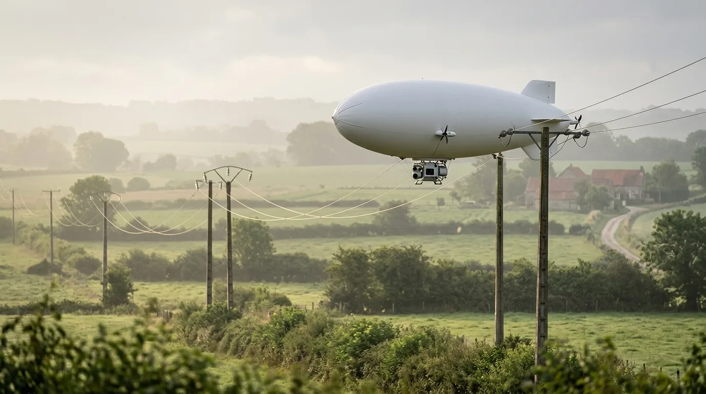 Illustration d’un drone dirigeable d’inspection de type HyLight longeant une ligne électrique à la campagne