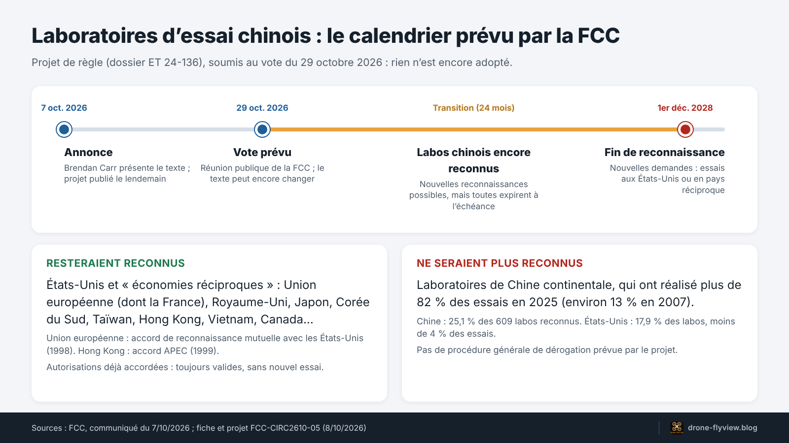 Frise du projet de la FCC : annonce le 7 octobre 2026, vote le 29 octobre, transition, fin de reconnaissance le 1er décembre 2028
