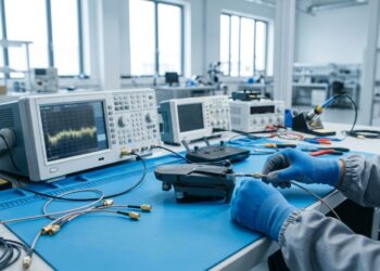 Technicien reliant un drone à un analyseur de spectre sur un établi de laboratoire d’essais radio
