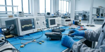 Technicien reliant un drone à un analyseur de spectre sur un établi de laboratoire d’essais radio