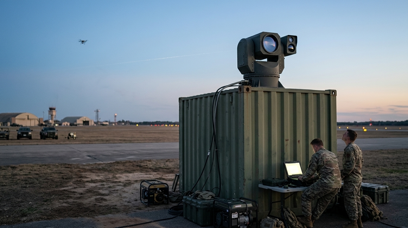 Tourelle d’arme laser anti-drone posée sur un conteneur militaire et pointée vers un petit drone au crépuscule (illustration)