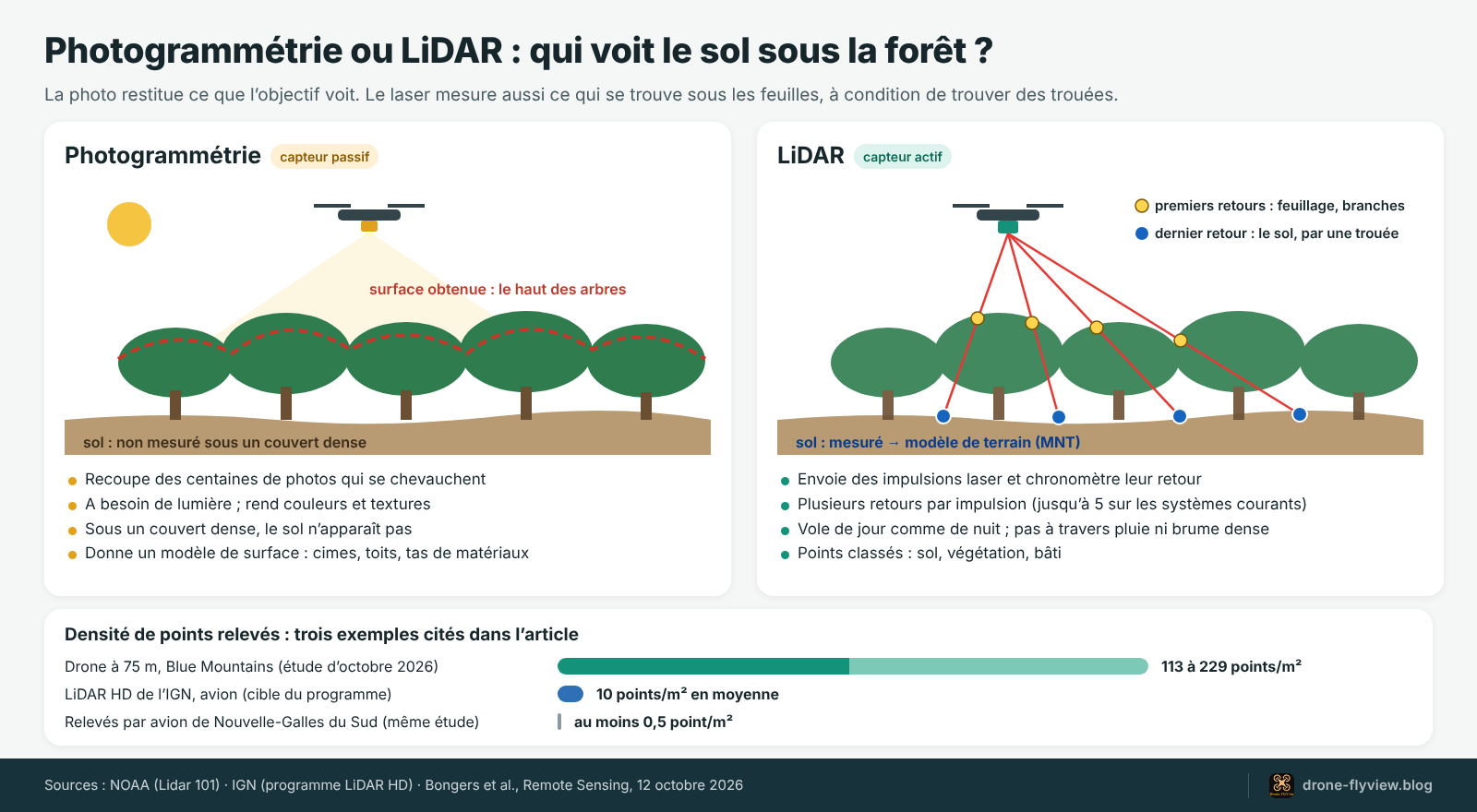 Schéma comparant photogrammétrie et LiDAR sous la forêt, avec les densités de points du drone, du LiDAR HD et de l’avion
