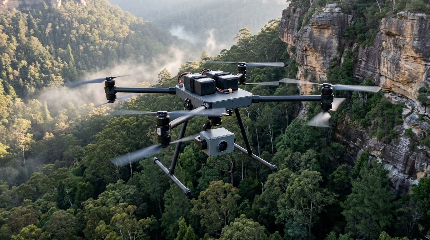 LiDAR drone en vol au-dessus d’une forêt et de falaises de grès, capteur laser sous la nacelle