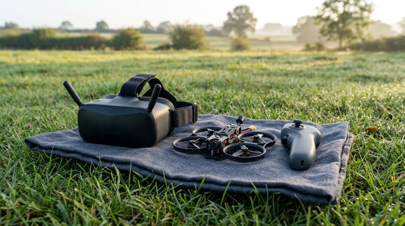 Casque de vol en immersion posé sur un tissu dans l’herbe, à côté d’un petit drone FPV et d’une commande de mouvement