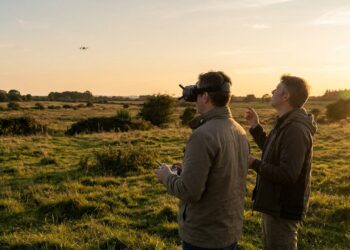 Télépilote en vol en immersion avec un casque FPV, son observateur debout à côté de lui suit le drone des yeux