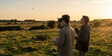 Télépilote en vol en immersion avec un casque FPV, son observateur debout à côté de lui suit le drone des yeux