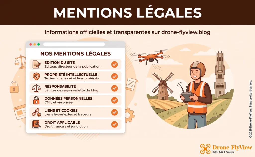 Mentions légales de drone-flyview.blog : éditeur, propriété intellectuelle, responsabilité, données, liens et droit applicable