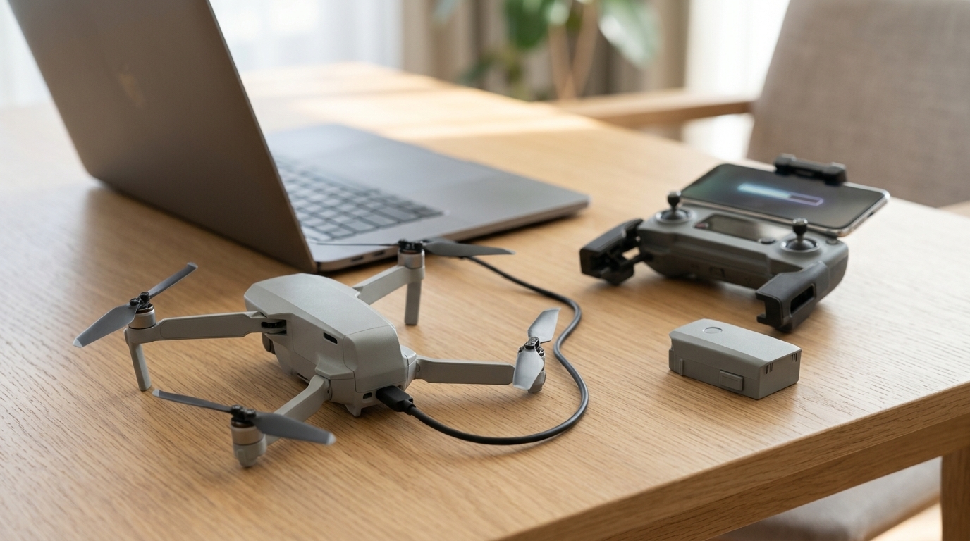 Mise à jour firmware DJI d’un petit drone pliable relié en USB-C à un ordinateur portable