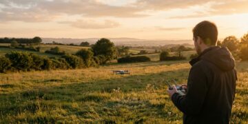 Télépilote pilotant un petit drone au-dessus d’une prairie au coucher du soleil, loin des habitations