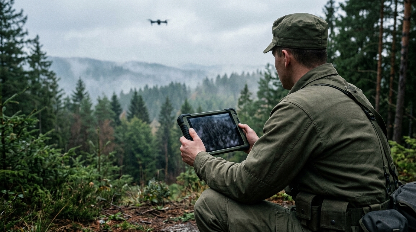 Parrot ANAFI UKR : opérateur militaire qui suit un drone de reconnaissance sur une tablette durcie en lisière de forêt