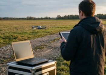 Opérateur testant une application drone sur un terrain d’essai, tablette en main