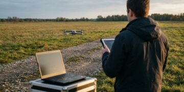 Opérateur testant une application drone sur un terrain d’essai, tablette en main