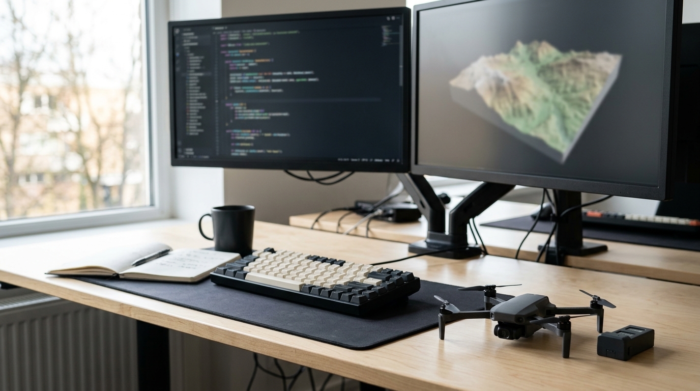 Poste de développement avec un micro-drone quadrirotor posé sur le bureau, pour illustrer le SDK Parrot