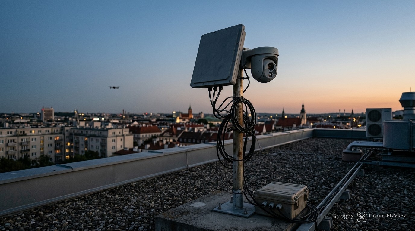 Station de détection anti-drone sur un toit avec radar plat et caméra, petit drone au loin