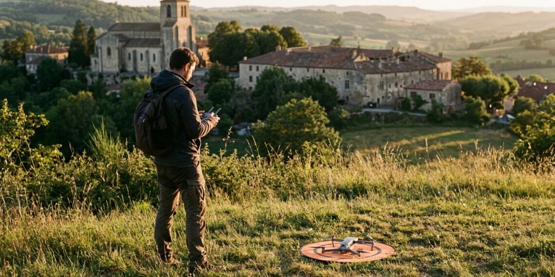 Pilote en repérage avant une prise de vue aérienne au drone face à un village