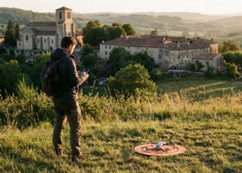 Pilote en repérage avant une prise de vue aérienne au drone face à un village