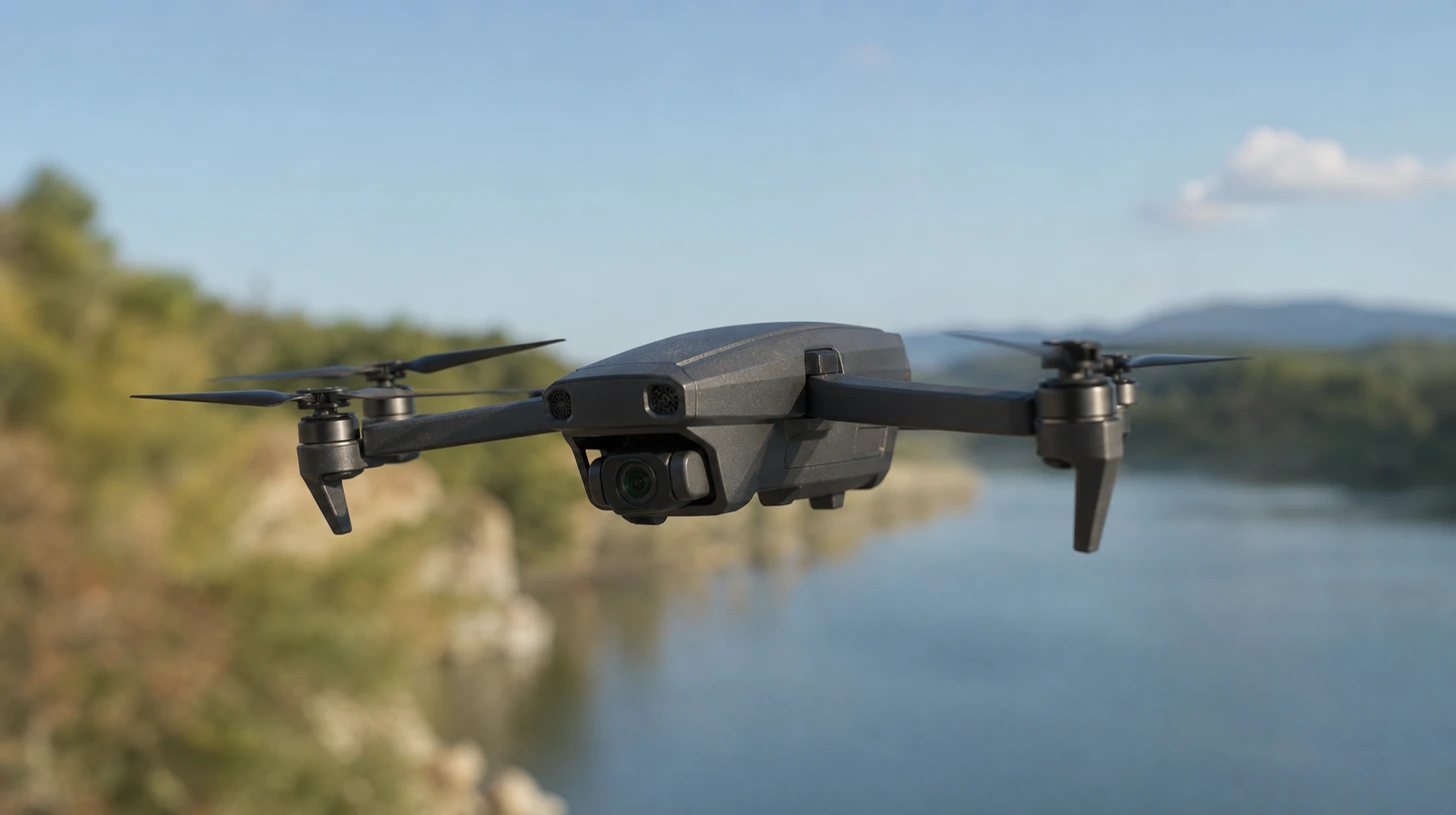 Petit drone pliable en vol au-dessus d'une rivière, illustration de la règle du drone 100 grammes proposée par l'EASA