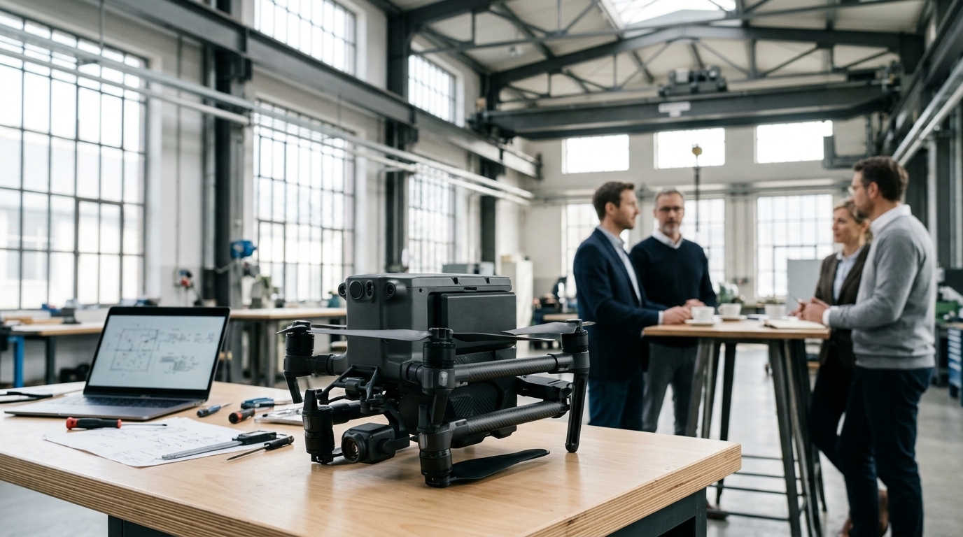 Drone professionnel posé sur une table lors des rencontres drone hauts-de-france dans un atelier industriel