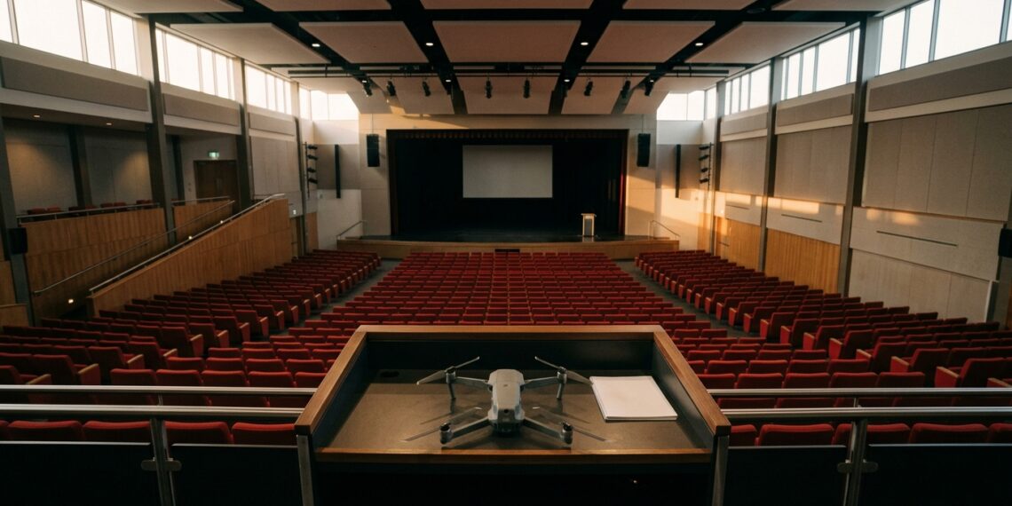 Drone posé sur le pupitre d'un auditorium vide, illustration de la Roma Drone Conference