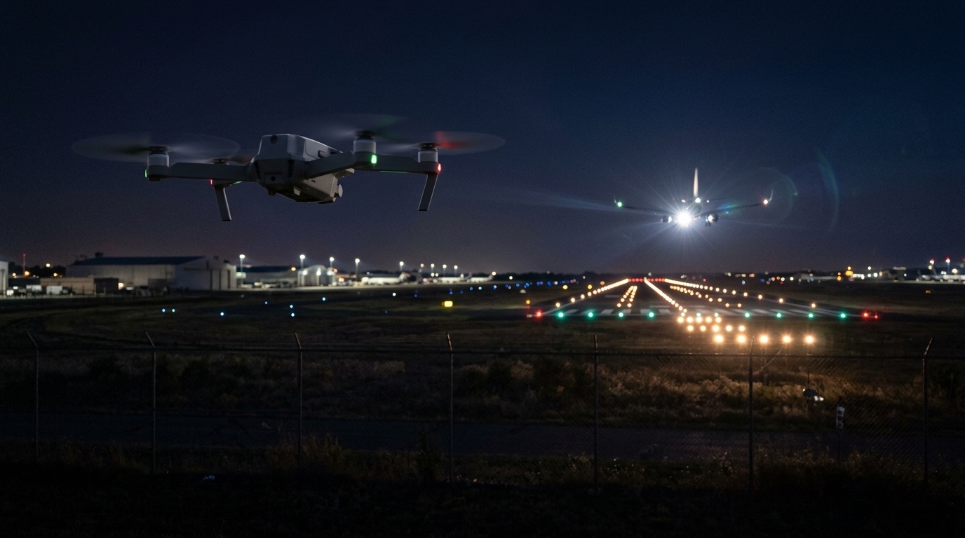 Sanction drone aéroport : un drone de loisir en vol de nuit près d’une piste éclairée