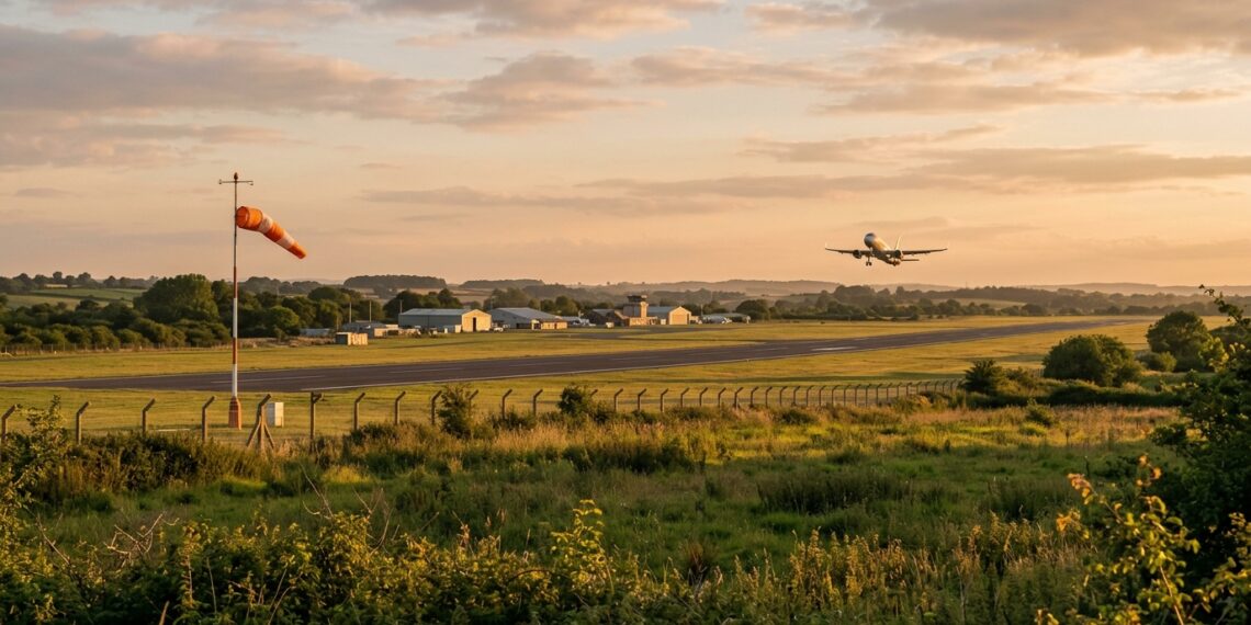 Aérodrome au coucher du soleil, manche à air au premier plan et avion au décollage