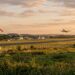 Aérodrome au coucher du soleil, manche à air au premier plan et avion au décollage