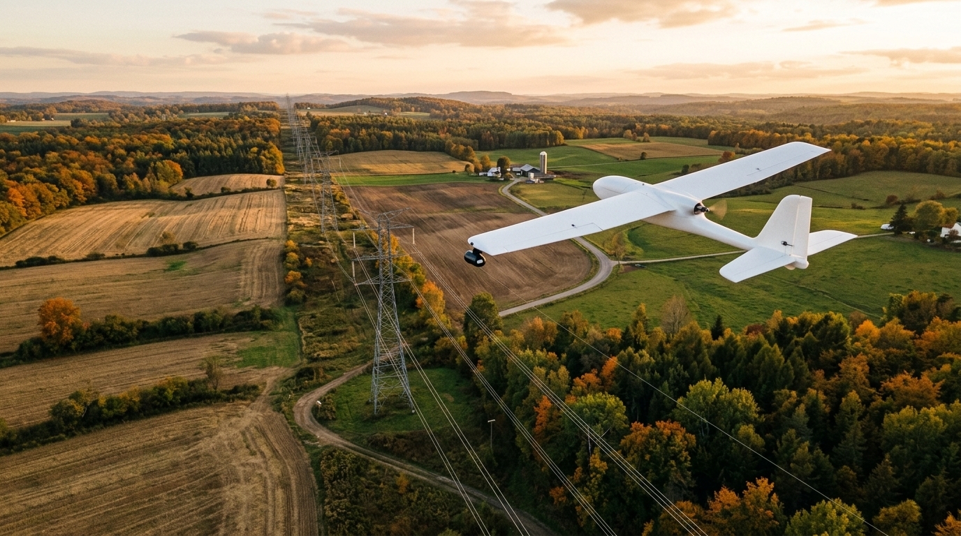Skydio F10 et drone à voilure fixe en vol au-dessus d'une ligne électrique