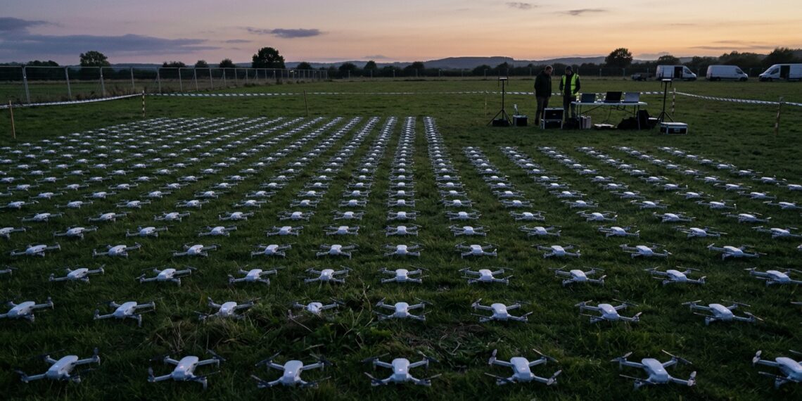 Spectacle de drone : drones alignés au sol au crépuscule avant le décollage de l'essaim