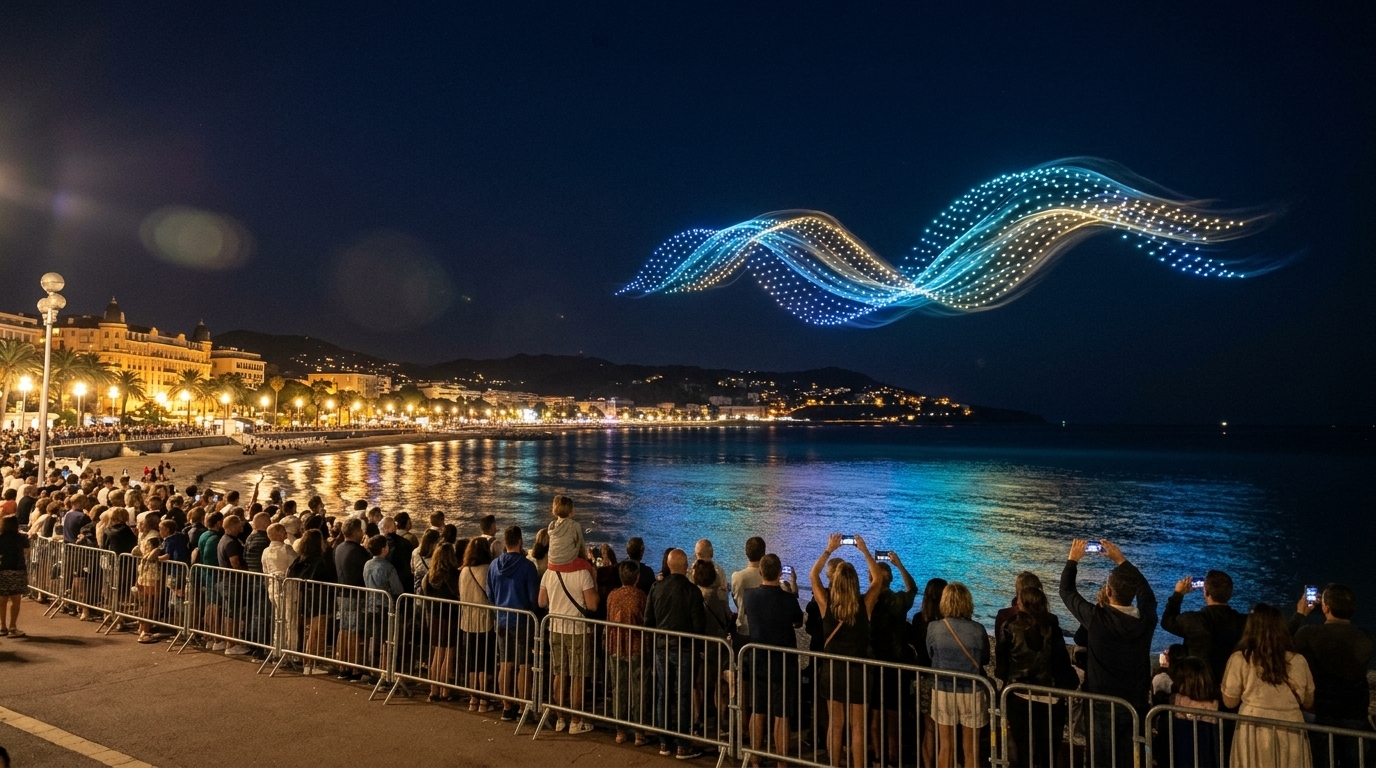 Spectacle de drone au-dessus d’une baie la nuit, public massé derrière des barrières sur la promenade