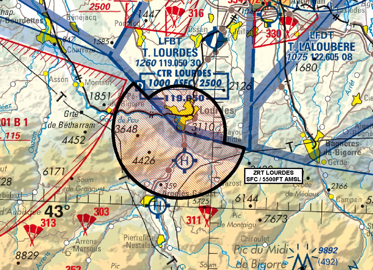 ZRT Lourdes : carte de la zone réglementée temporaire autour du sanctuaire, SFC / 5500 ft AMSL — SUP AIP 093/26