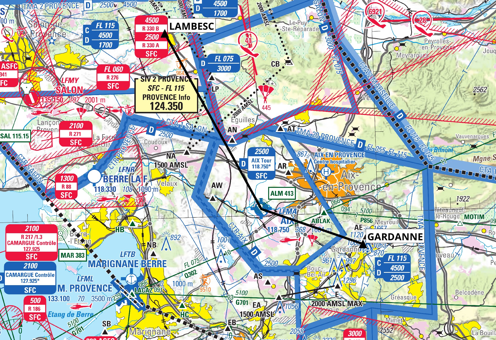 VFR de nuit à Aix : carte des itinéraires au départ et à l'arrivée d'Aix les Milles — SUP AIP 118/26