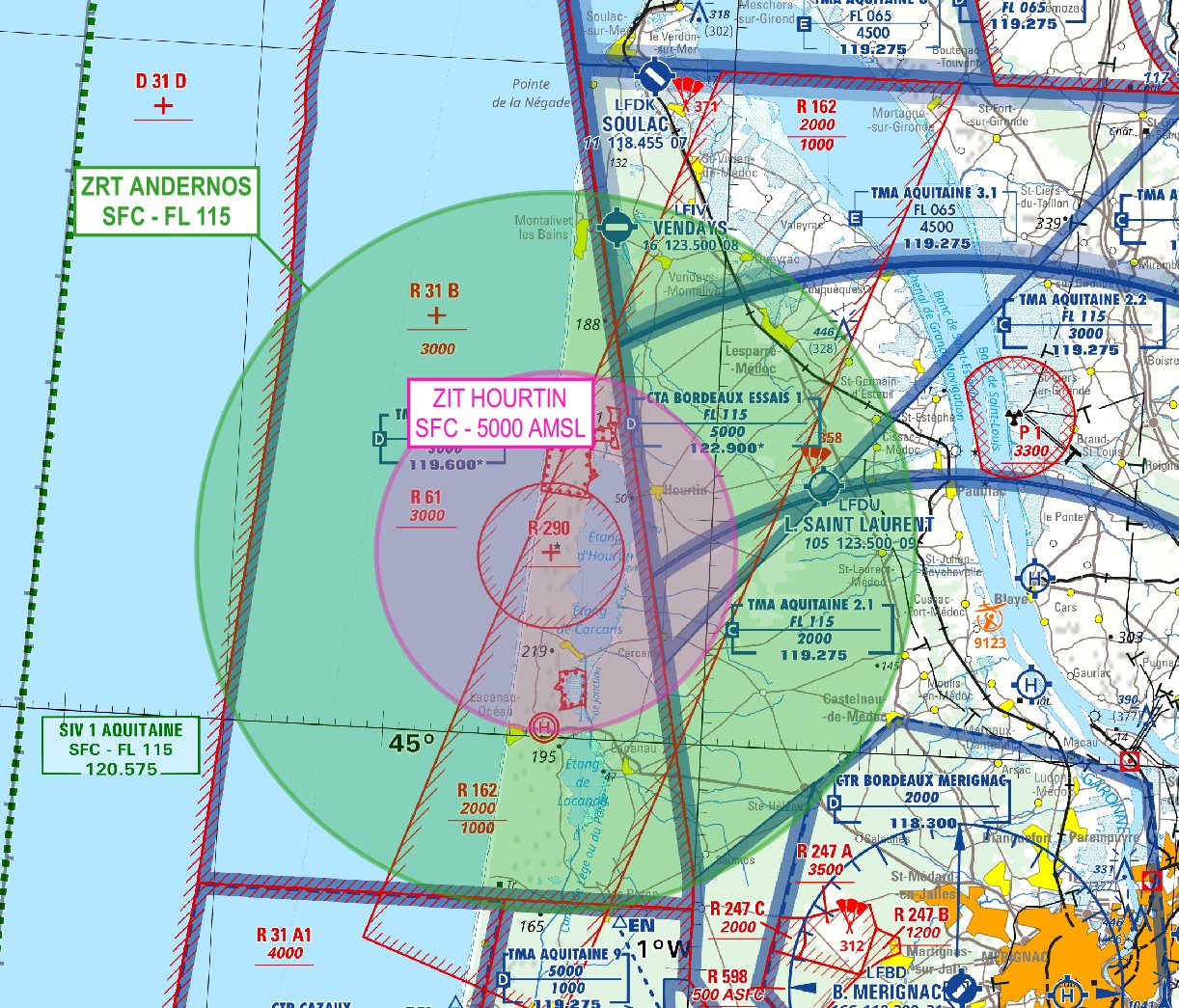 DPSA Atlantique : carte de la ZIT Hourtin et de la ZRT Andernos — SUP AIP 200/26