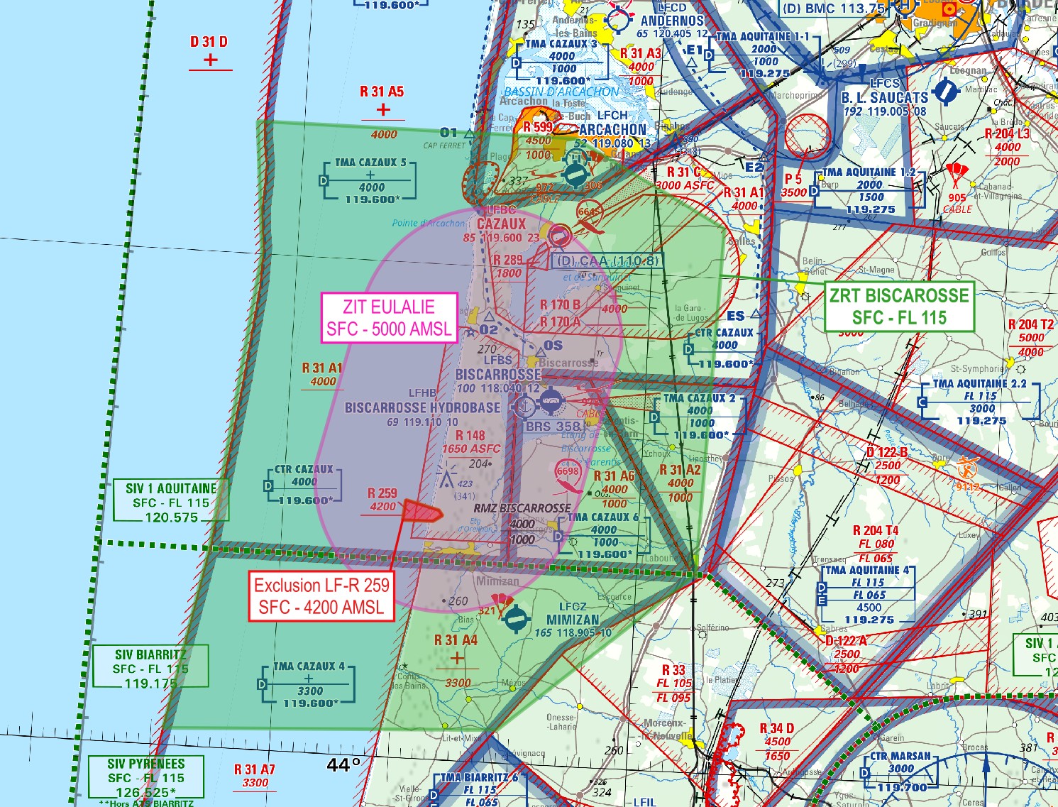 DPSA Atlantique : carte de la ZIT Eulalie et de la ZRT Biscarrosse — SUP AIP 200/26