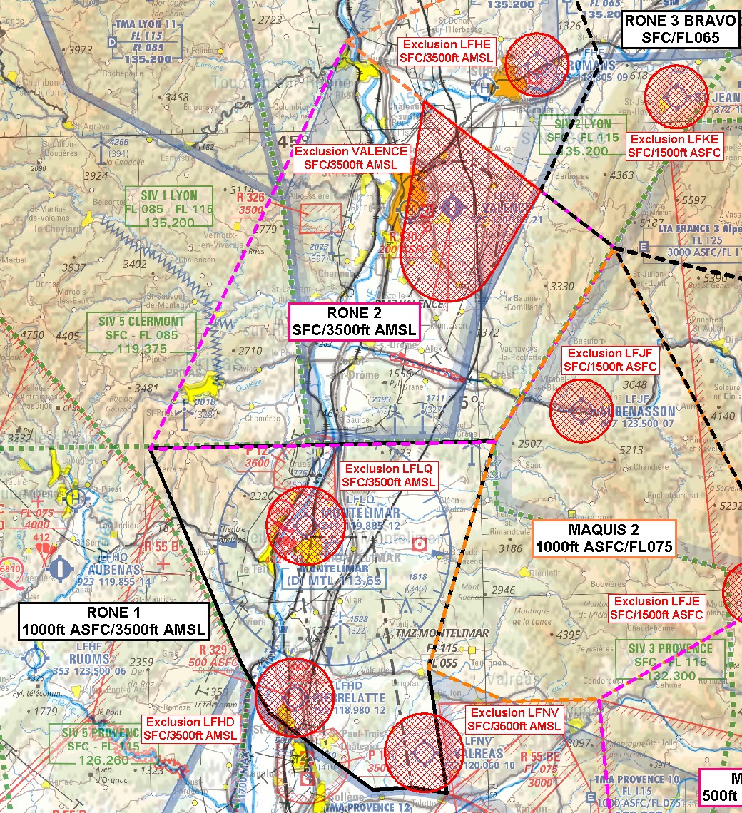Exercice PERSEE : carte de détail du secteur ouest, ZRT RONE 1 et RONE 2 — SUP AIP 207/26