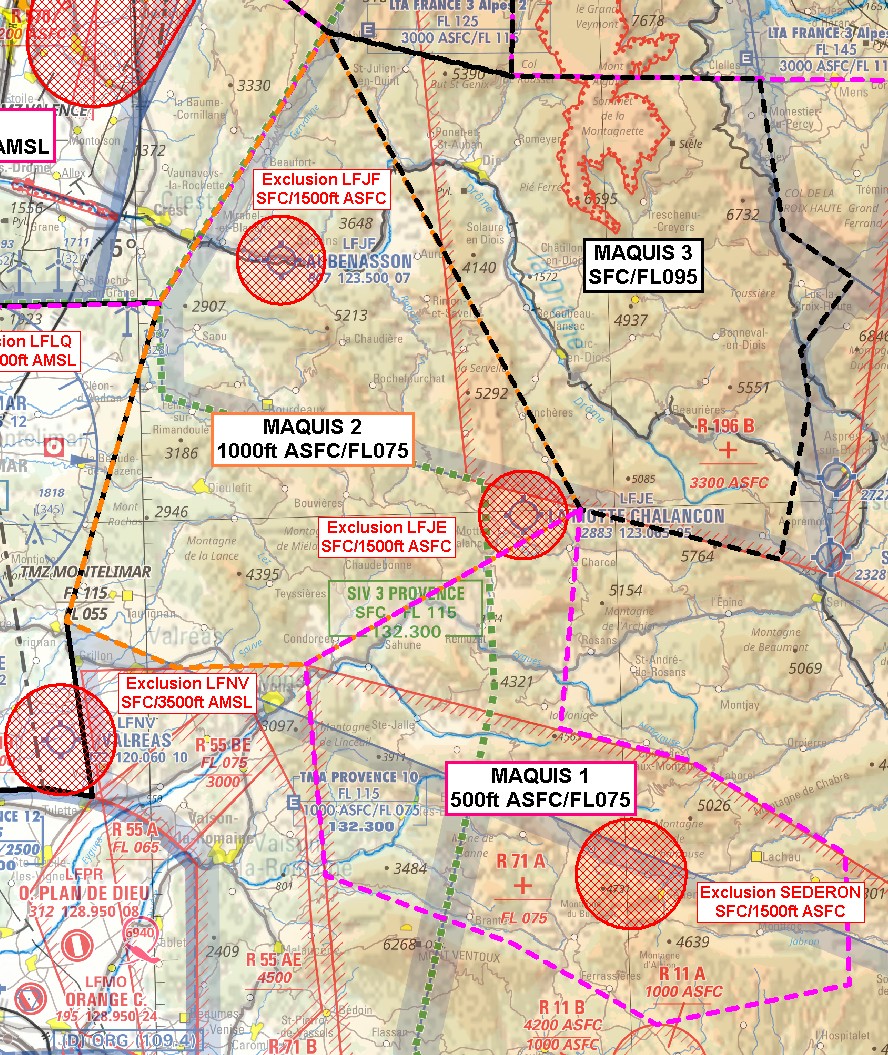 Exercice PERSEE : carte de détail du secteur sud-est, ZRT MAQUIS 1, MAQUIS 2 et MAQUIS 3 — SUP AIP 207/26