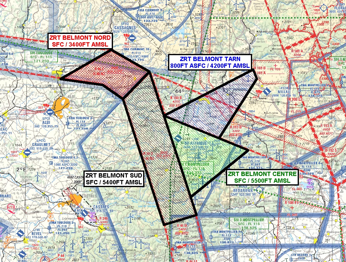 Exercice BELMONT : vue générale des quatre ZRT autour de Saint-Affrique — SUP AIP 216/26