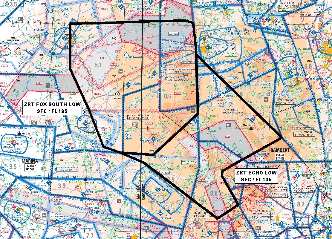 Exercice BELOTE : carte des ZRT FOX SOUTH LOW (SFC / FL 195) et ECHO LOW (SFC / FL 135) — SUP AIP 219/26