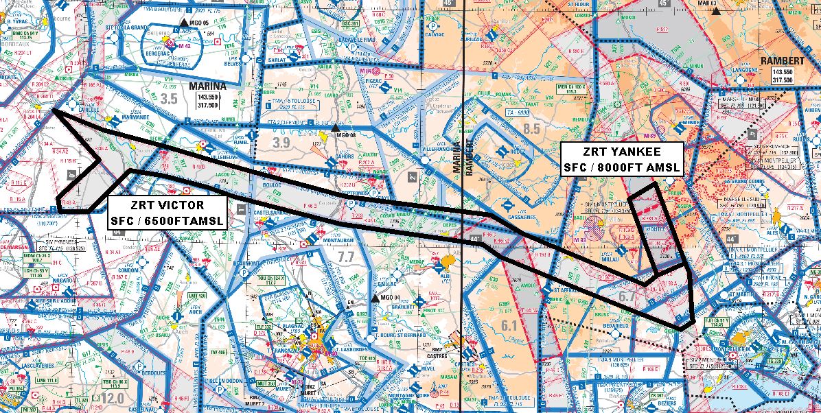 Exercice BELOTE : carte des ZRT VICTOR (SFC / 6500 ft AMSL) et YANKEE (SFC / 8000 ft AMSL) — SUP AIP 219/26