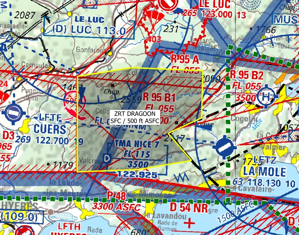Zone réglementée temporaire : exemple de carte publiée par le SIA, ZRT DRAGOON dans le Var — SUP AIP 220/26