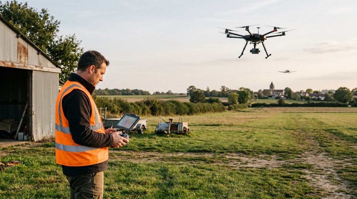 U-space drone : télépilote et hexacoptère près d’un aérodrome rural, un avion léger au loin
