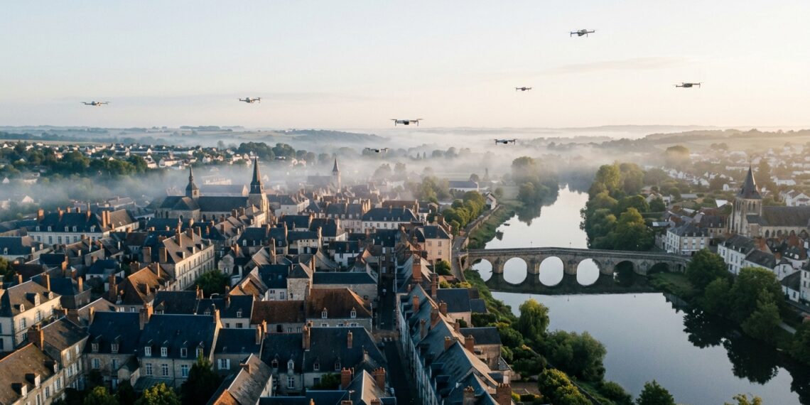 U-space drone : espace aérien numérique au-dessus d'une ville