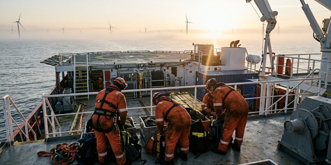 Techniciens en combinaison orange préparant des sacs de matériel sur le pont d’un navire de service, éoliennes en mer à l’aube