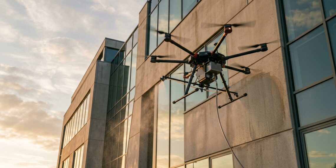 Drone de nettoyage hexacoptère pulvérisant un revêtement sur la façade en béton d’un immeuble de bureaux au coucher du soleil