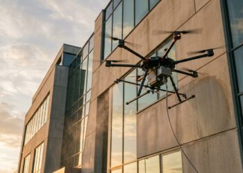 Drone de nettoyage hexacoptère pulvérisant un revêtement sur la façade en béton d’un immeuble de bureaux au coucher du soleil
