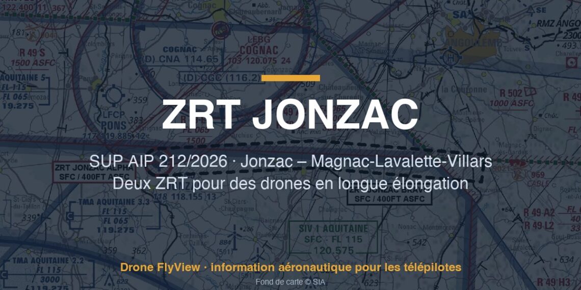 212/2026 — ZRT JONZAC ALPHA et BRAVO : deux zones pour des drones en longue élongation entre Jonzac et Magnac-Lavalette-Villars
